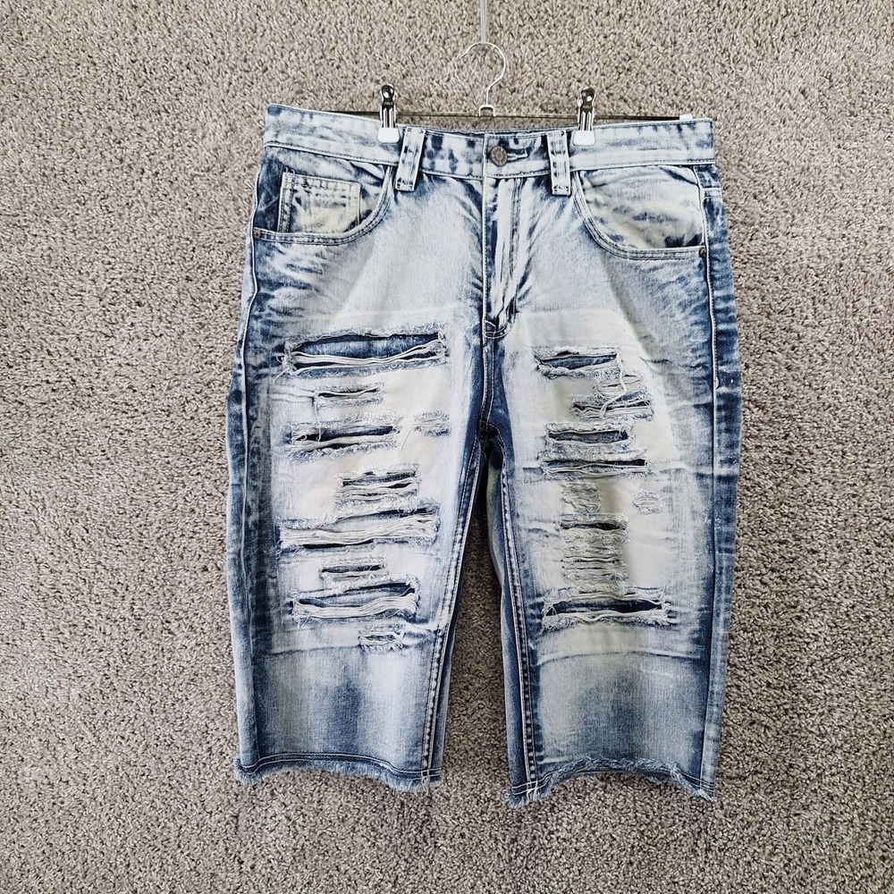 Smoke Rise Denim Shorts Mens 34 (Fits W36) Light Wash Distressed Streetwear Y2K